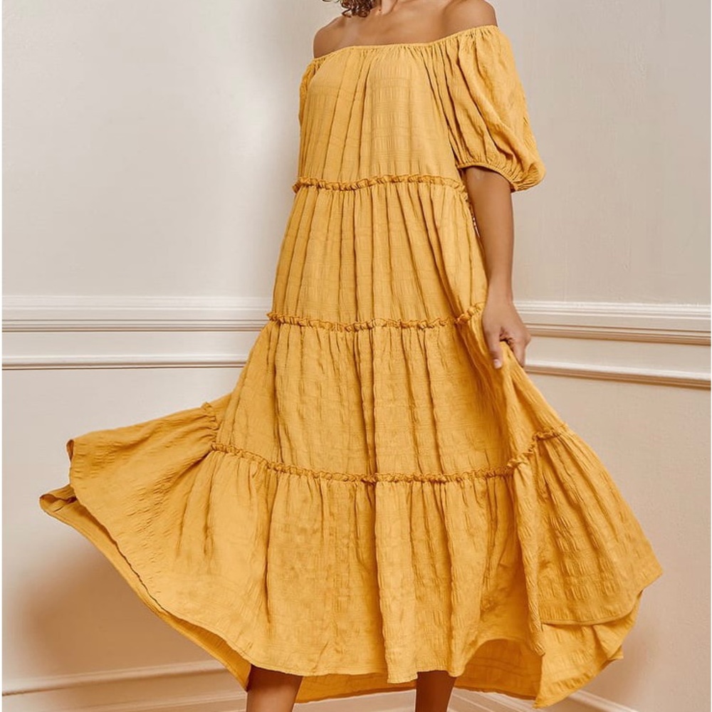 Lulu’s Bohemian Yellow Puff Sleeves Tiers Maxi Dress